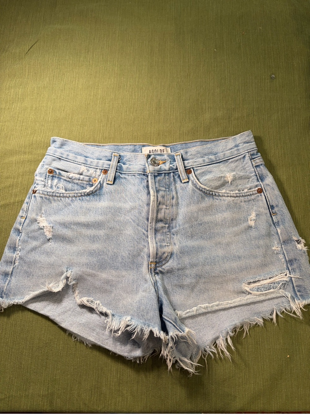 AGOLDE Parker High‎ Rise Distressed Denim Shorts Light Wash Blue Size 26
